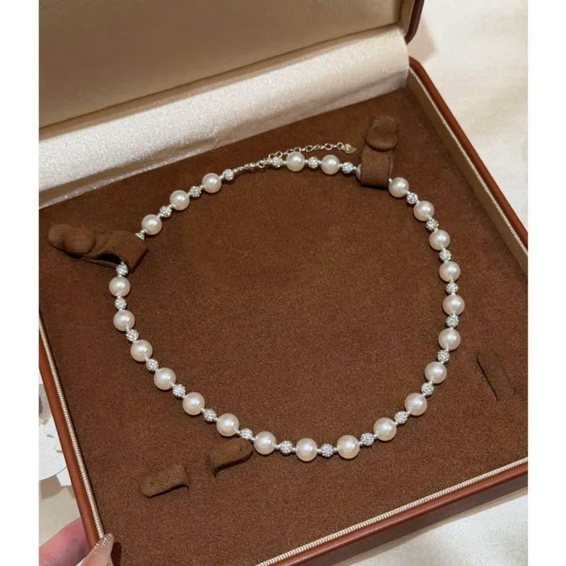 S925 Silver Imitation Pearl Rhinestone Necklace Elegant Women Clavicle Chain