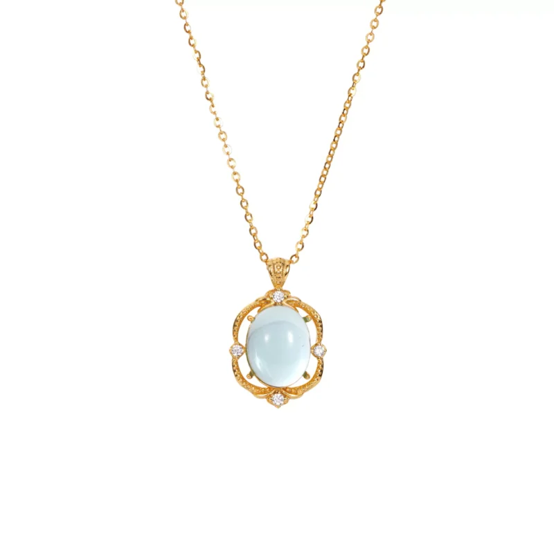 S925 Vintage Oval Cabochon Glass Zircon Necklace