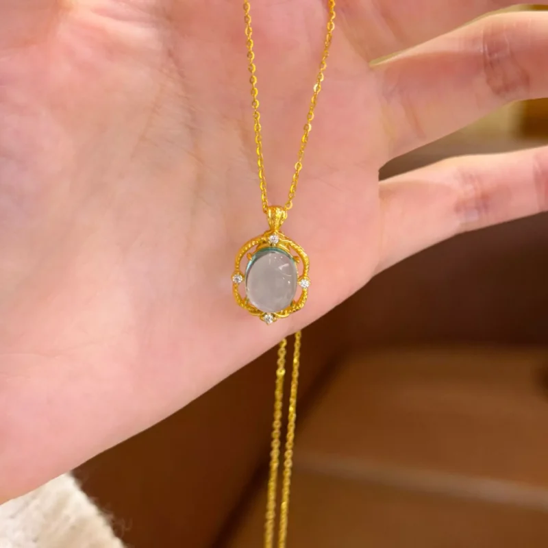 S925 Vintage Oval Cabochon Glass Zircon Necklace