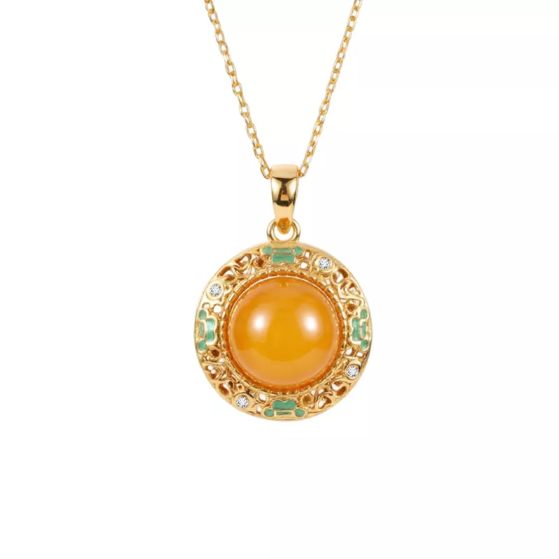 S925 Natural Amber Enamel Hollow Zircon Necklace