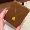 S925 Natural Amber Enamel Hollow Zircon Necklace