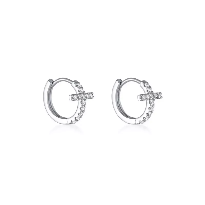S925 Silver Paved CZ Cross‑Detail Huggie Earrings S925 Silver Paved CZ Cross‑Detail Huggie Earrings