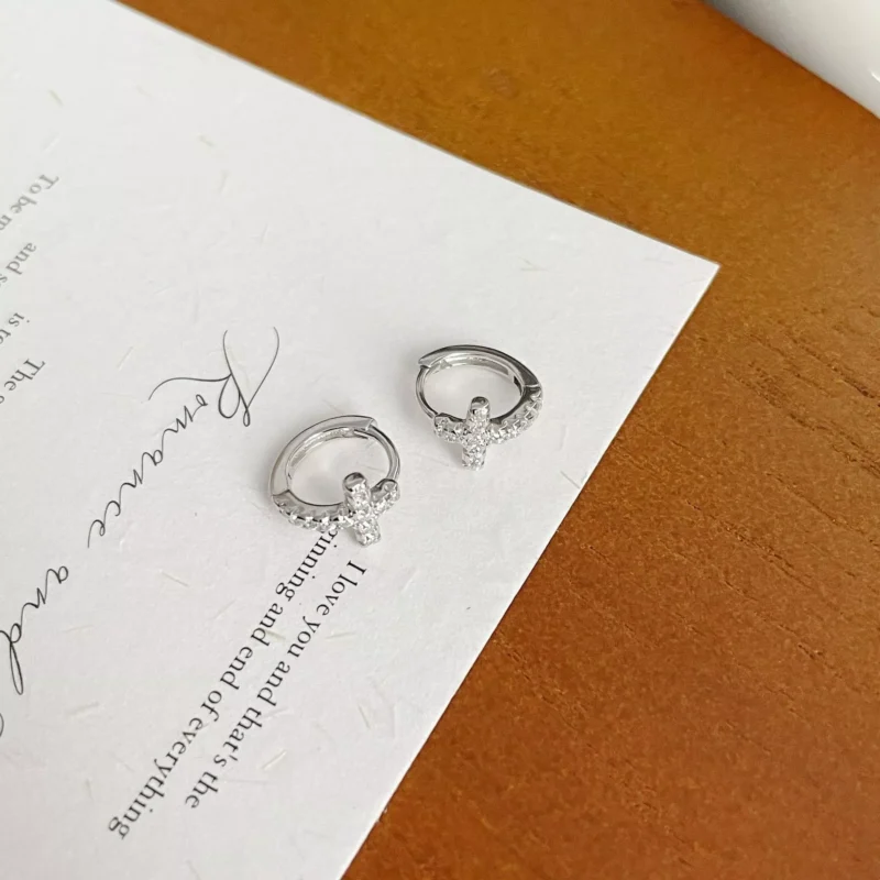 S925 Silver Paved CZ Cross‑Detail Huggie Earrings S925 Silver Paved CZ Cross‑Detail Huggie Earrings