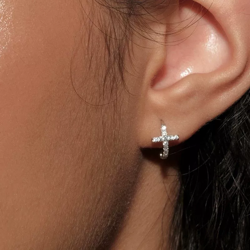S925 Silver Paved CZ Cross‑Detail Huggie Earrings S925 Silver Paved CZ Cross‑Detail Huggie Earrings