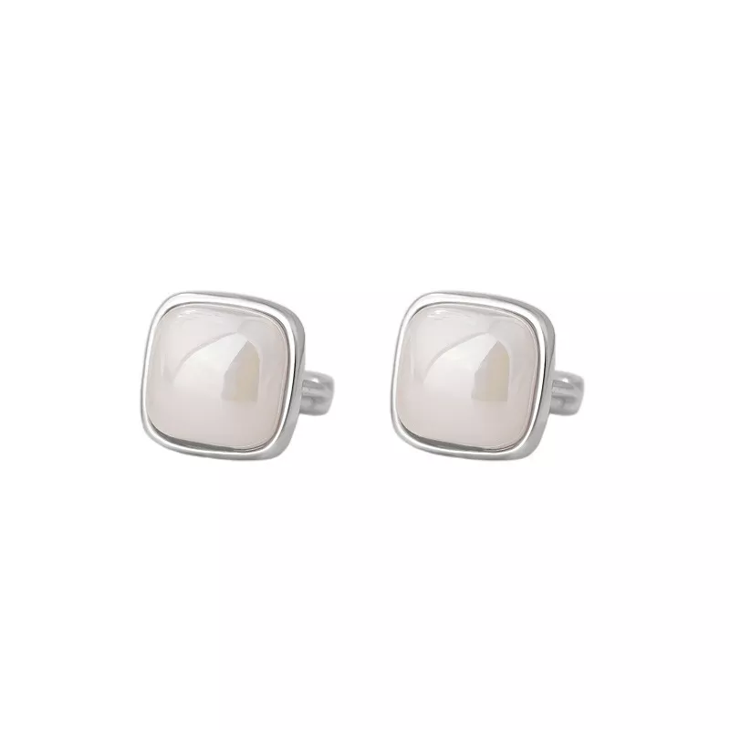 Fine Silver Square Shell‑Pearl Huggie Earrings Fine Silver Square Shell‑Pearl Huggie Earrings