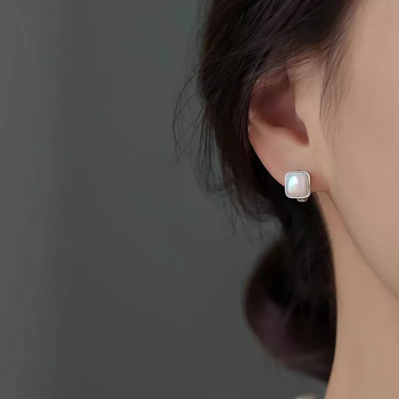 Fine Silver Square Shell‑Pearl Huggie Earrings Fine Silver Square Shell‑Pearl Huggie Earrings