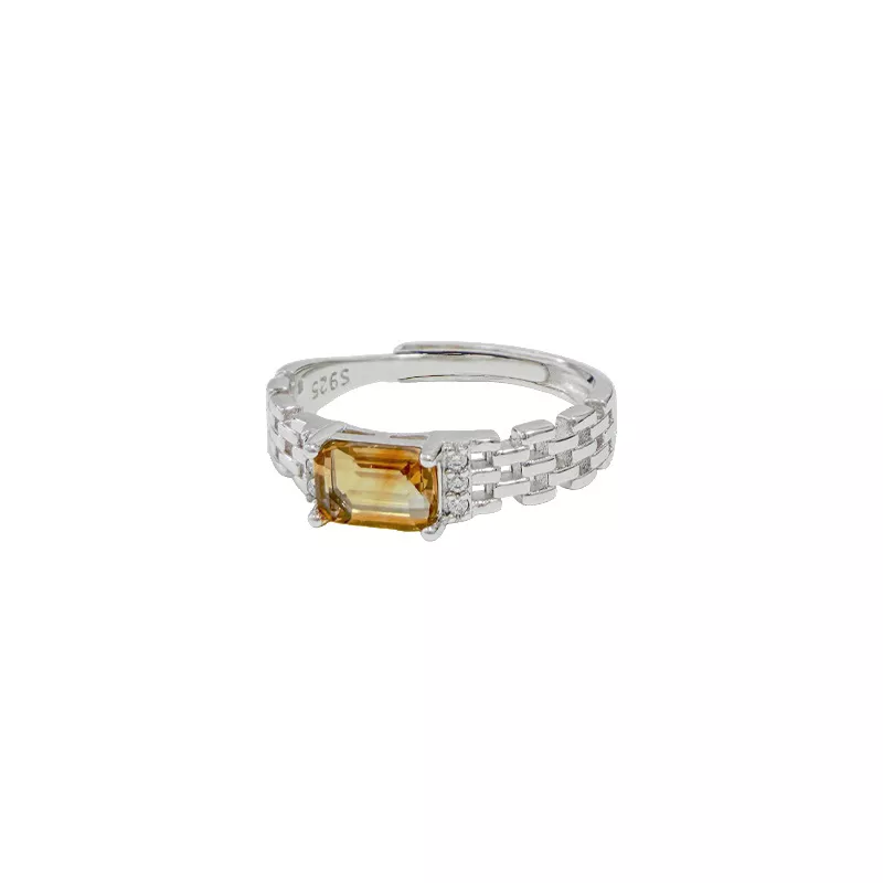 S925 Open‑Band Natural Citrine Chain‑Link Ring