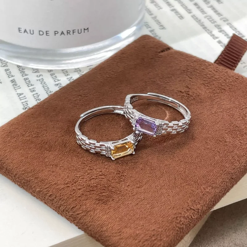 S925 Open‑Band Natural Citrine Chain‑Link Ring