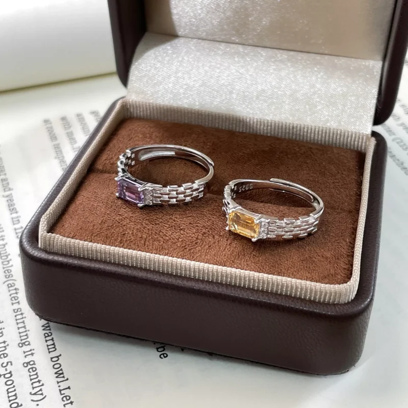 S925 Open‑Band Natural Citrine Chain‑Link Ring