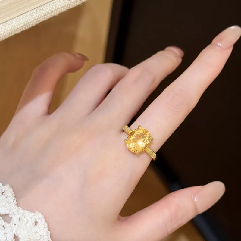 S925 Gold‑Plated Oval Natural Citrine Open Ring