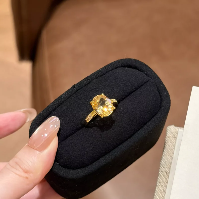S925 Gold‑Plated Oval Natural Citrine Open Ring