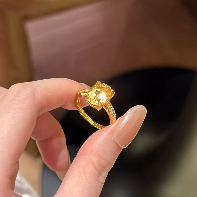 S925 Gold‑Plated Oval Natural Citrine Open Ring