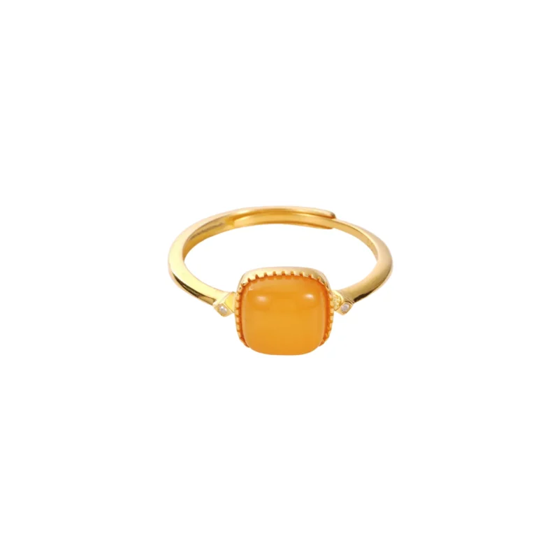 S925 Gold‑Tone Natural Amber Bezel Open Ring