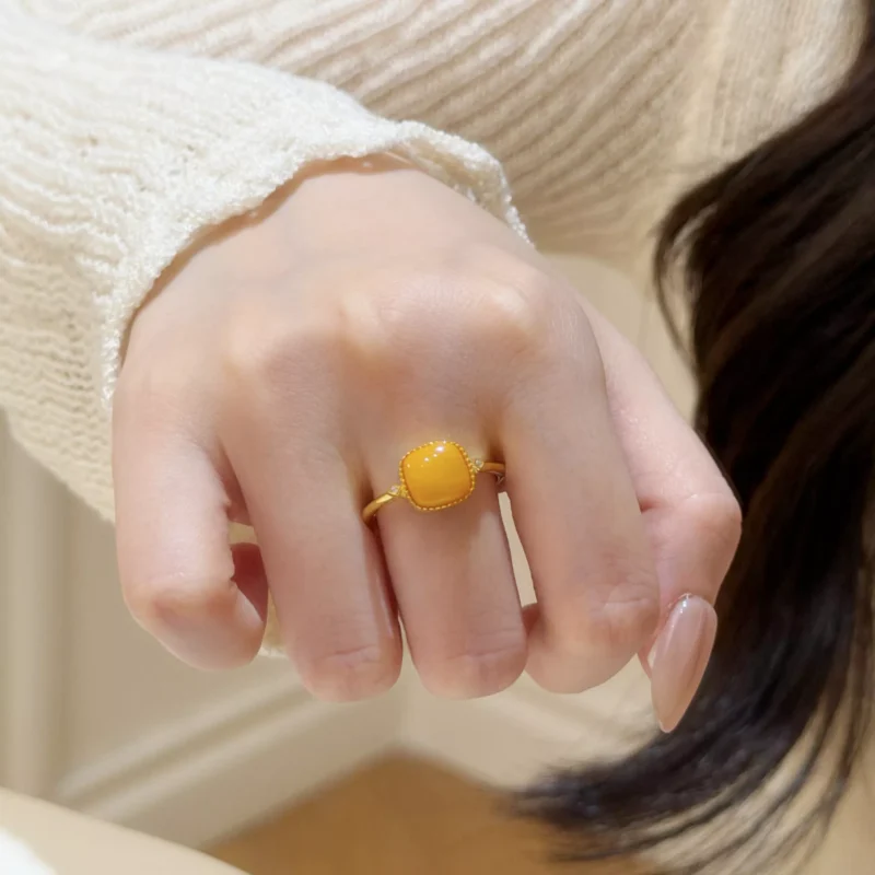 S925 Gold‑Tone Natural Amber Bezel Open Ring