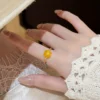 S925 Gold‑Tone Natural Amber Bezel Open Ring