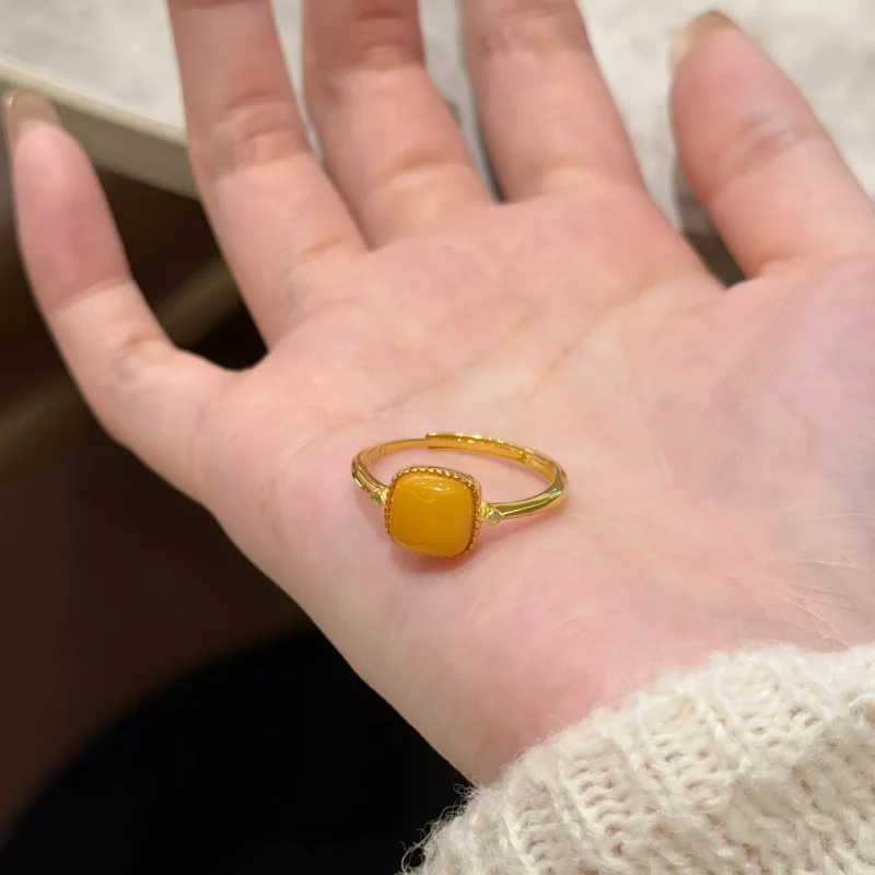 S925 Gold‑Tone Natural Amber Bezel Open Ring