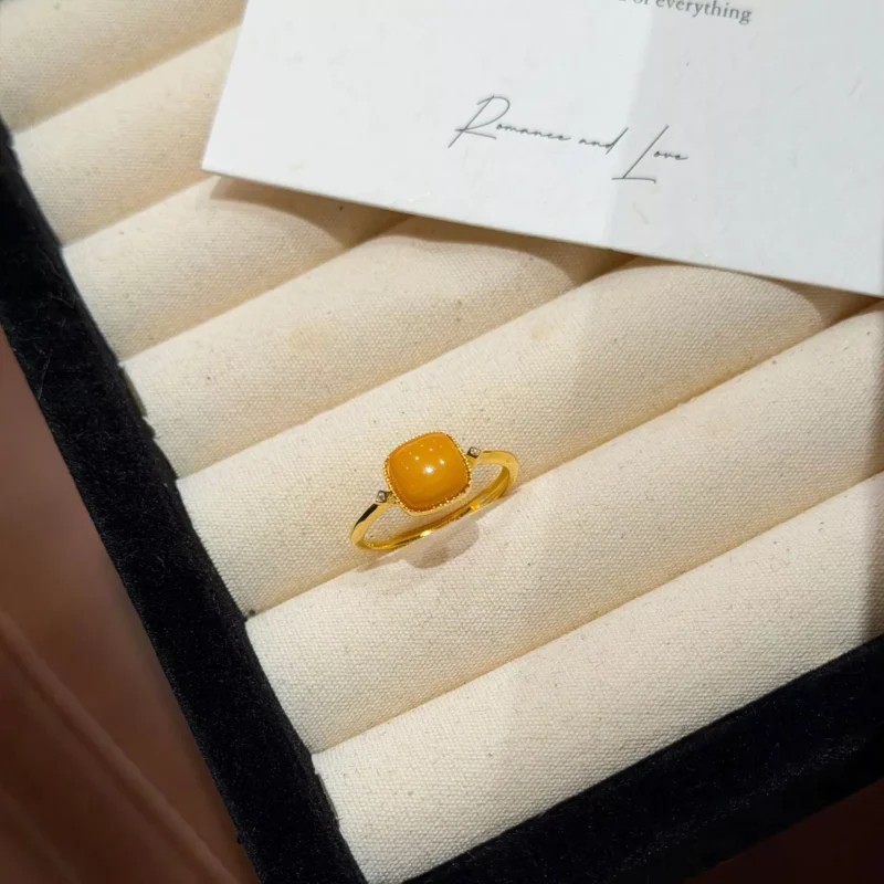 S925 Gold‑Tone Natural Amber Bezel Open Ring