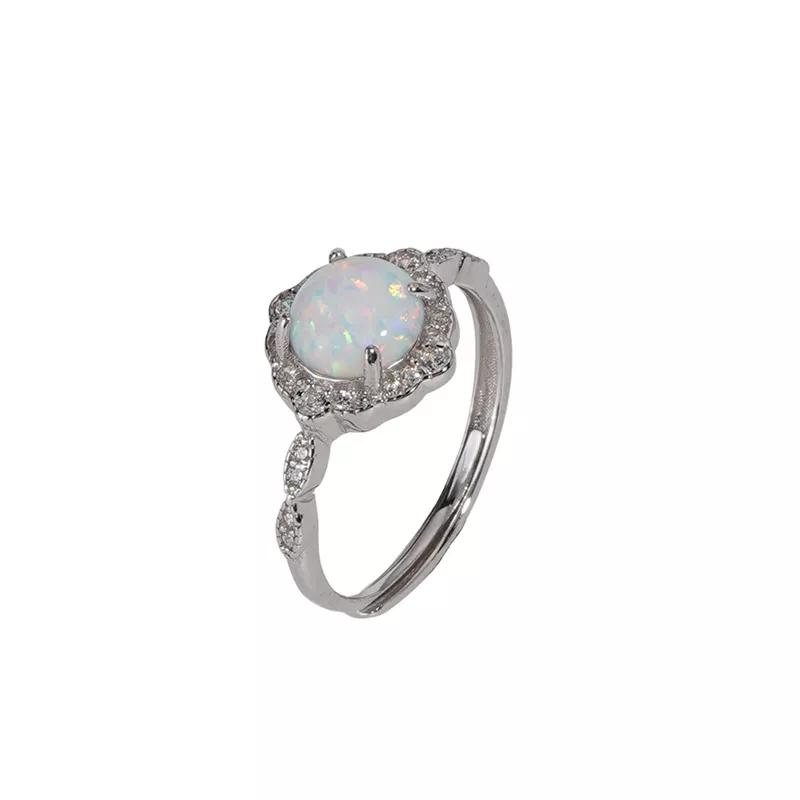 S925 Silver Synthetic Opal Halo Adjustable Ring