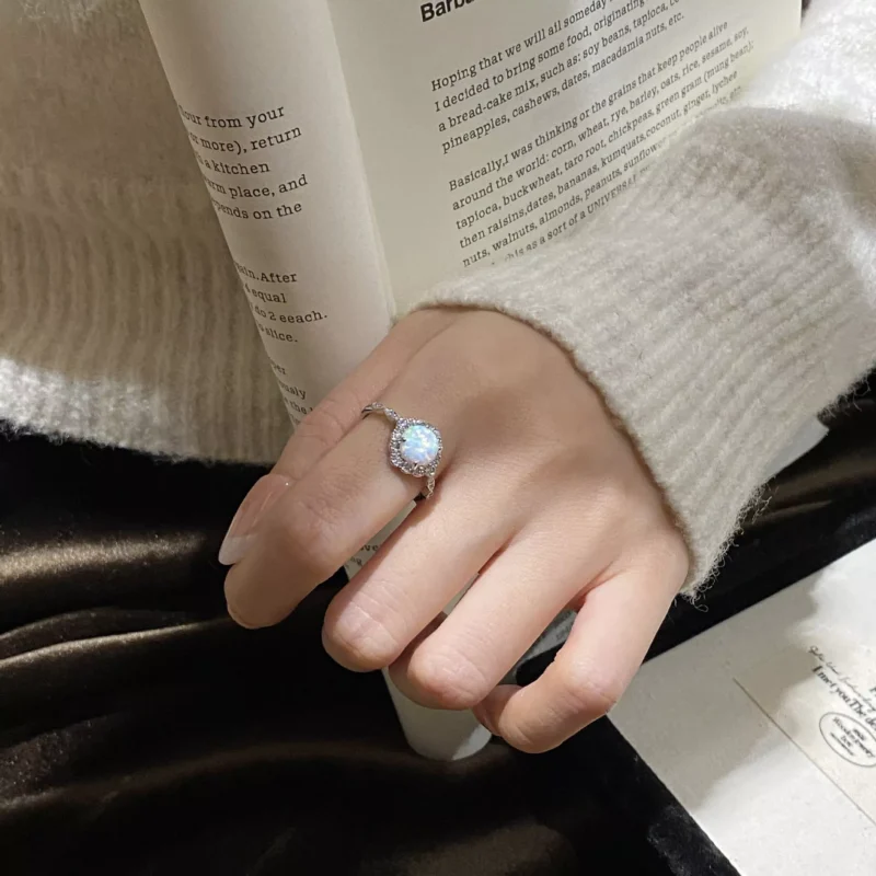 S925 Silver Synthetic Opal Halo Adjustable Ring