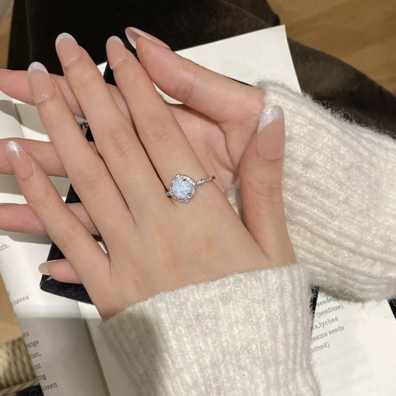 S925 Silver Synthetic Opal Halo Adjustable Ring