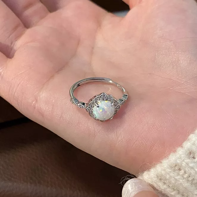 S925 Silver Synthetic Opal Halo Adjustable Ring