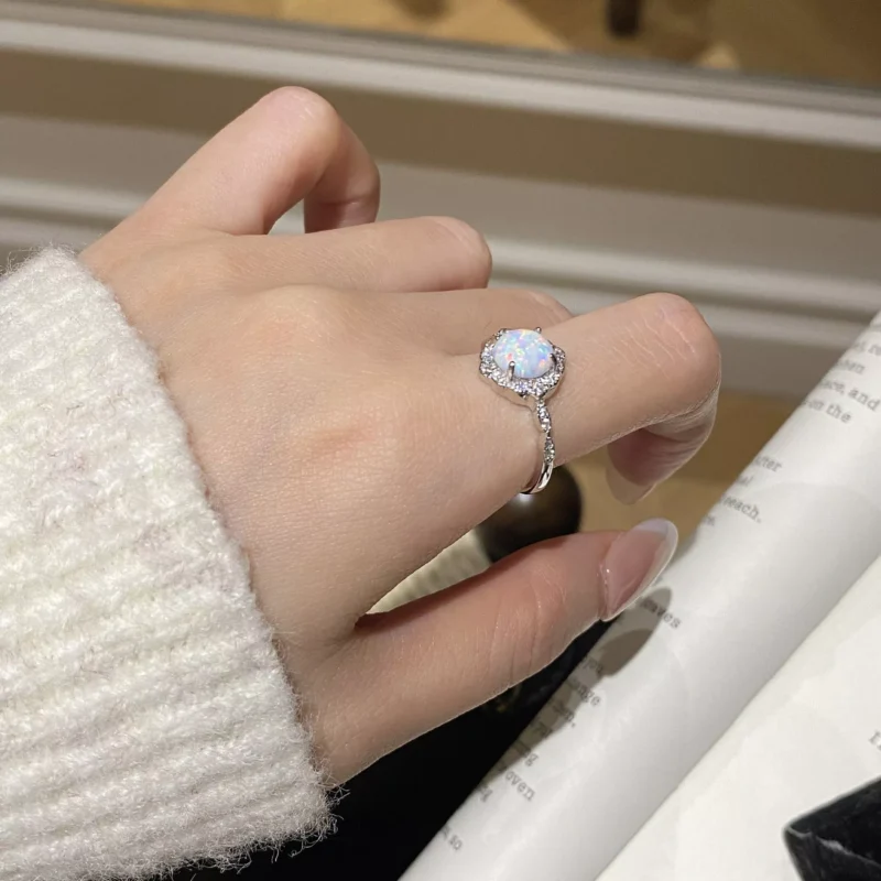 S925 Silver Synthetic Opal Halo Adjustable Ring