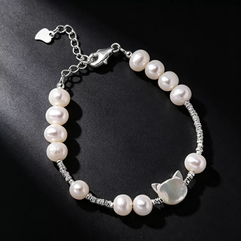 S925 Silver Mother‑of‑Pearl Cat Freshwater Pearl Bracelet