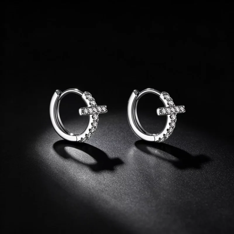 S925 Silver Paved CZ Cross‑Detail Huggie Earrings S925 Silver Paved CZ Cross‑Detail Huggie Earrings