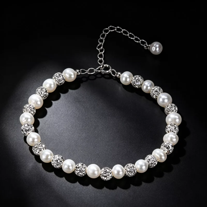 S925 Sterling Silver Natural Pearl Crystal Ball Bracelet