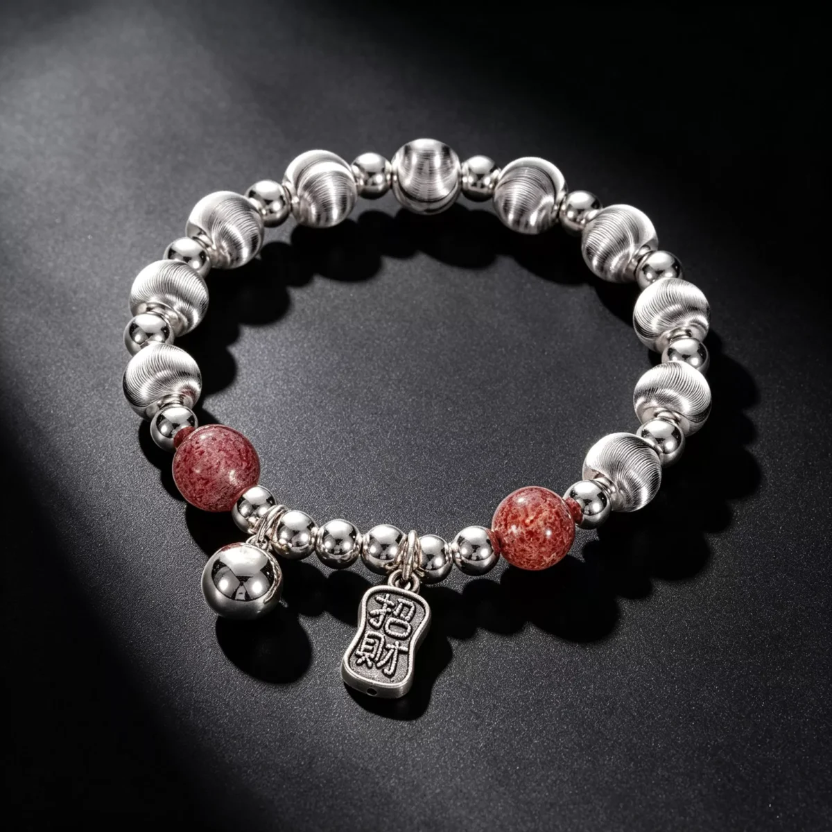 S925 Silver Strawberry Quartz Fortune Charm Bracelet