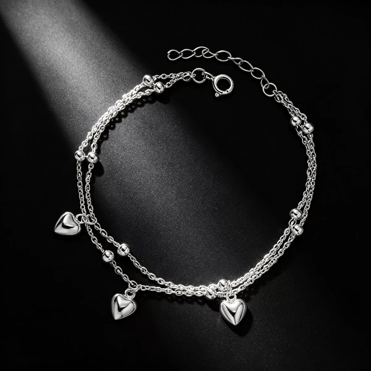 S925 Silver Double‑Layer Heart Charm Bracelet