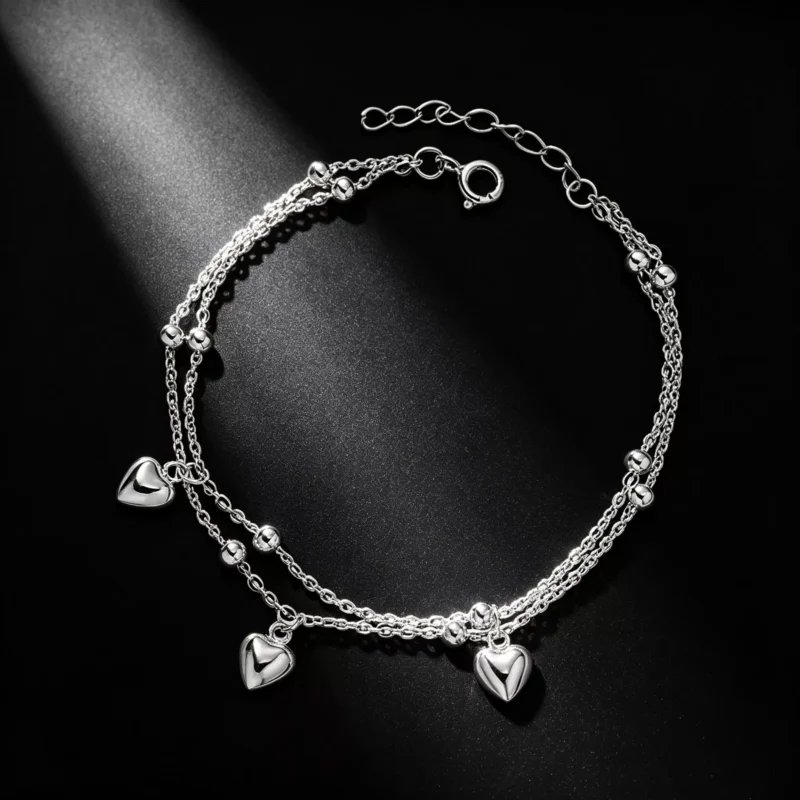 S925 Silver Double‑Layer Heart Charm Bracelet
