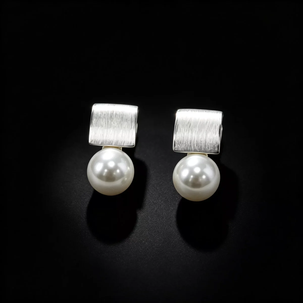 S925 Brushed Square Shell Pearl Drop Stud Earrings