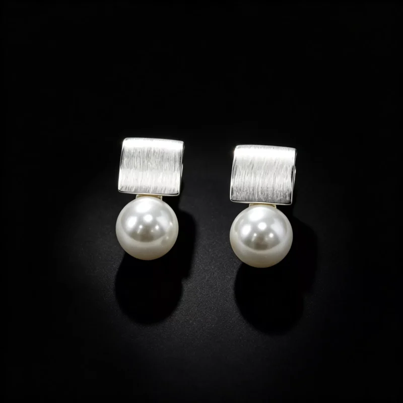 S925 Brushed Square Shell Pearl Drop Stud Earrings