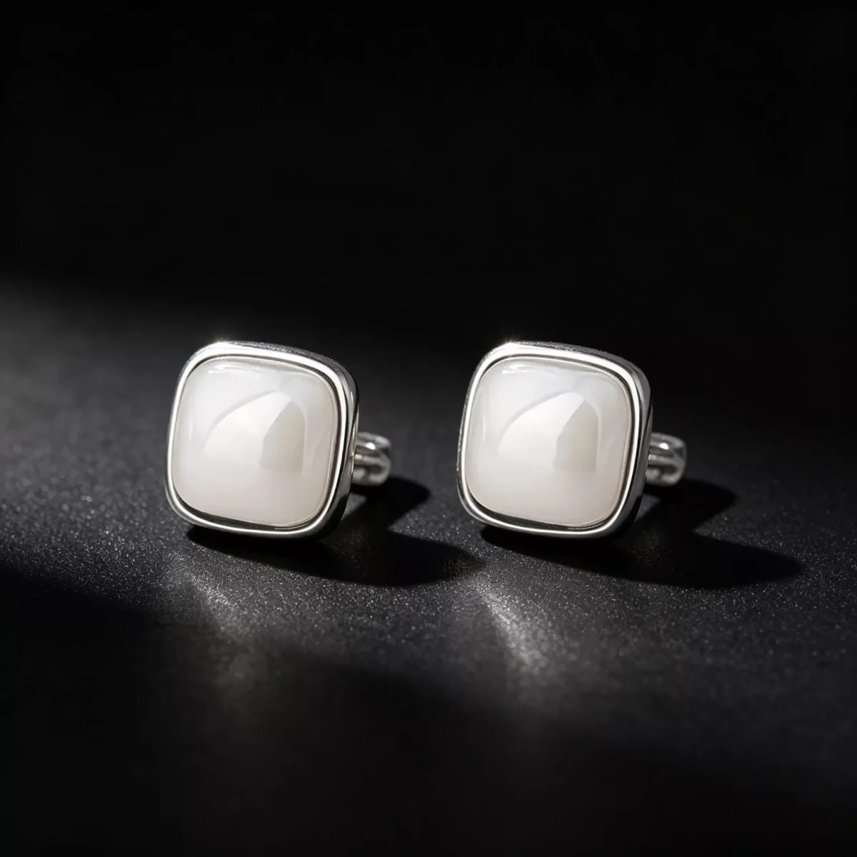 Fine Silver Square Shell‑Pearl Huggie Earrings