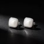 Fine Silver Square Shell‑Pearl Huggie Earrings