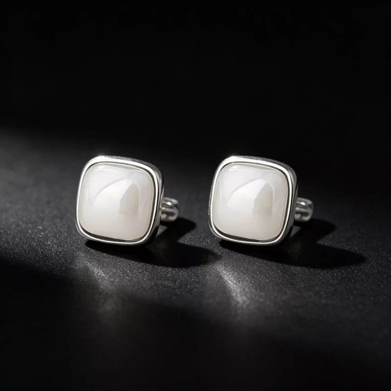 Fine Silver Square Shell‑Pearl Huggie Earrings Fine Silver Square Shell‑Pearl Huggie Earrings
