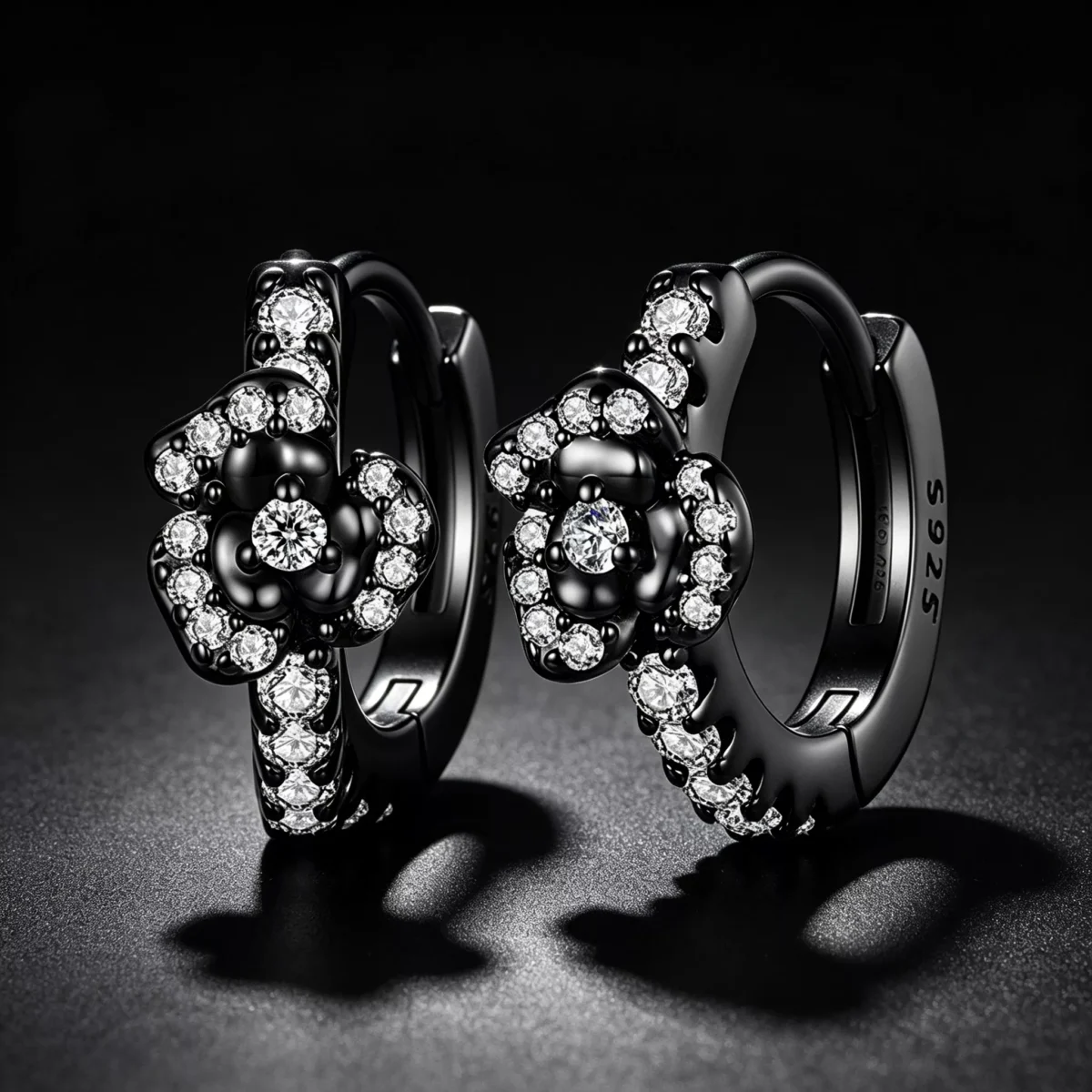 Black Rose S925 Silver Hoop Earrings