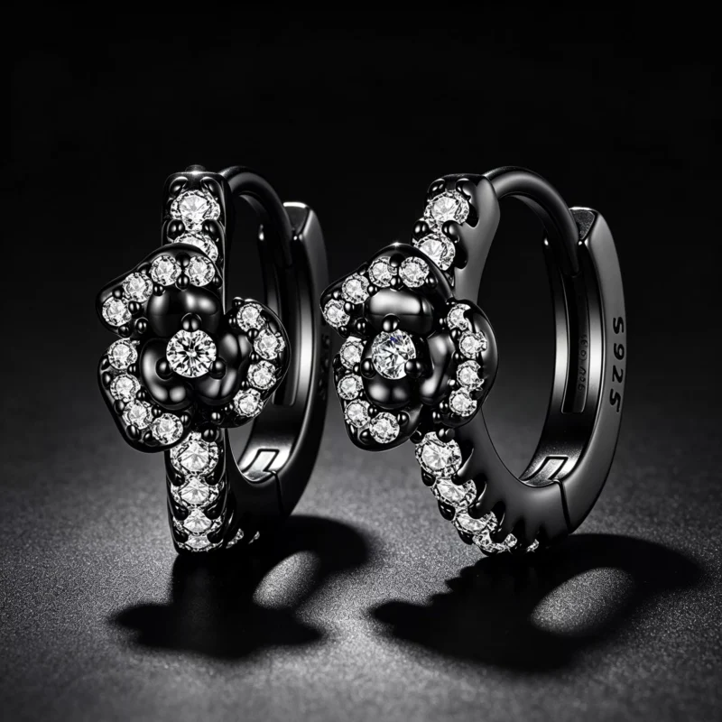 Black Rose S925 Silver Hoop Earrings
