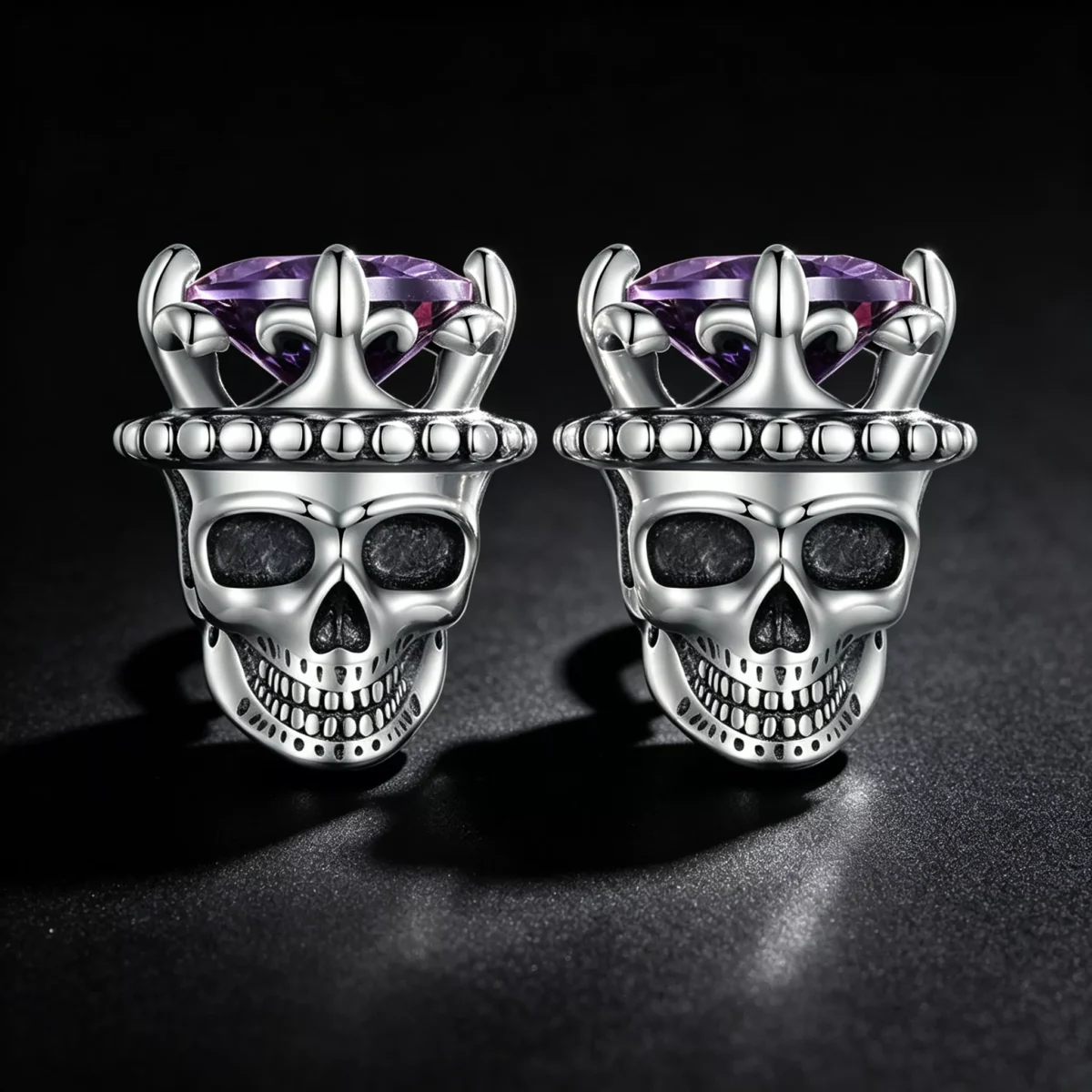 925 Silver Gothic King Skull Purple Gem Stud Earrings