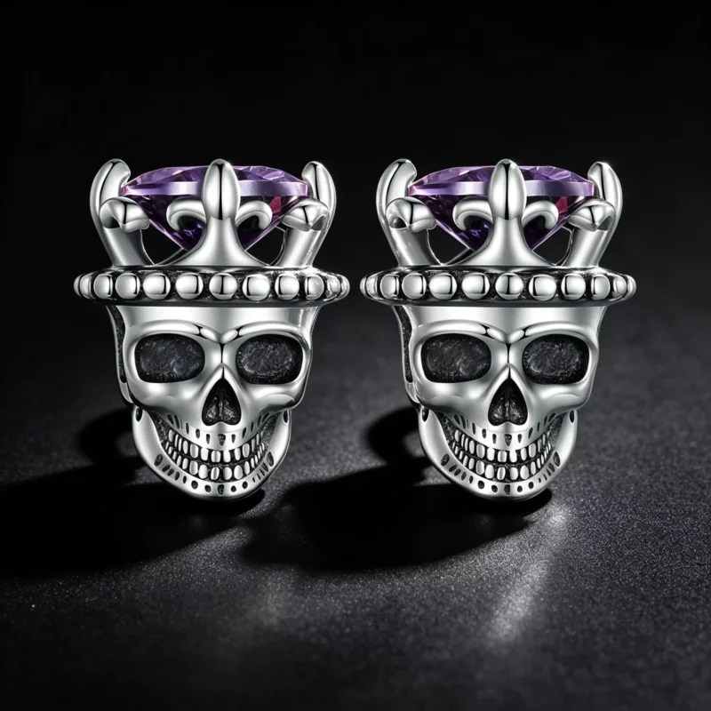 925 Silver Gothic King Skull Purple Gem Stud Earrings