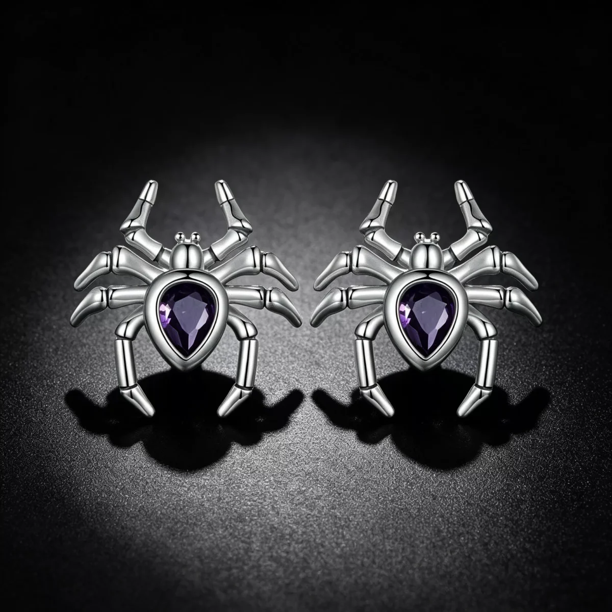 925 Silver Gothic Spider Purple Gem Stud Earrings