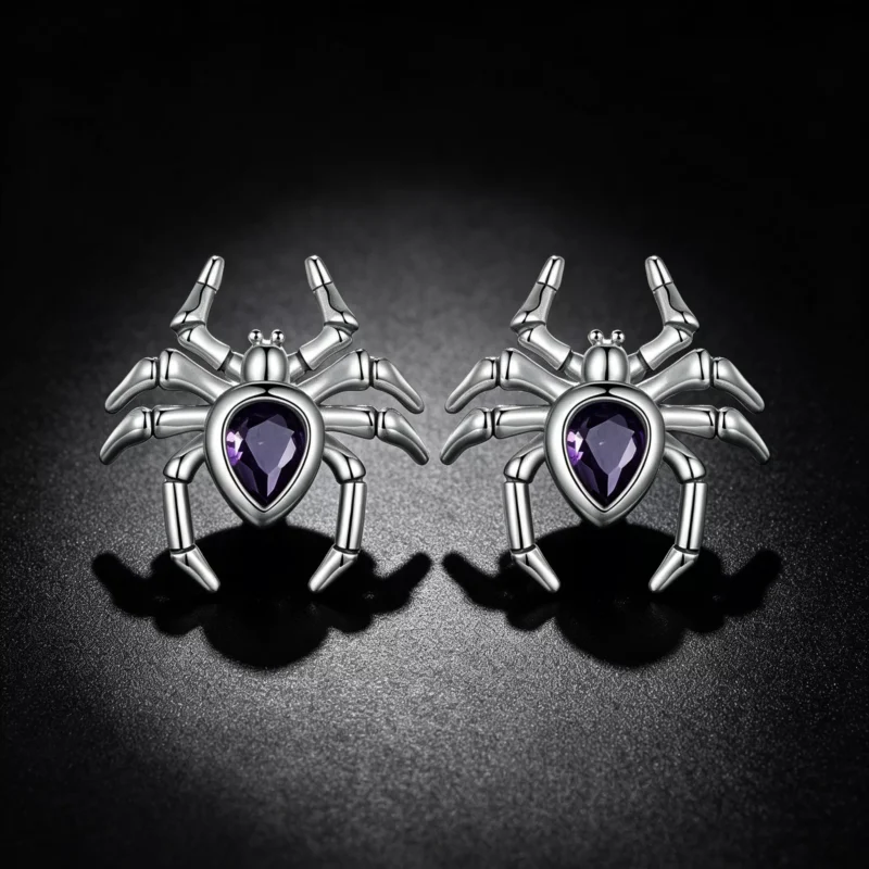 925 Silver Gothic Spider Purple Gem Stud Earrings 925 Silver Gothic Spider Purple Gem Stud Earrings