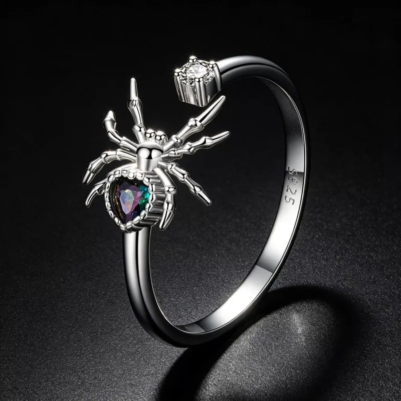Heart Gem Spider S925 Silver Adjustable Ring