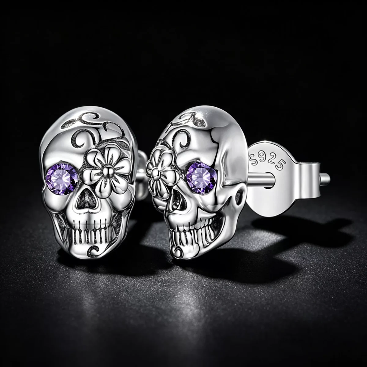Floral Skull S925 Silver Stud Earrings