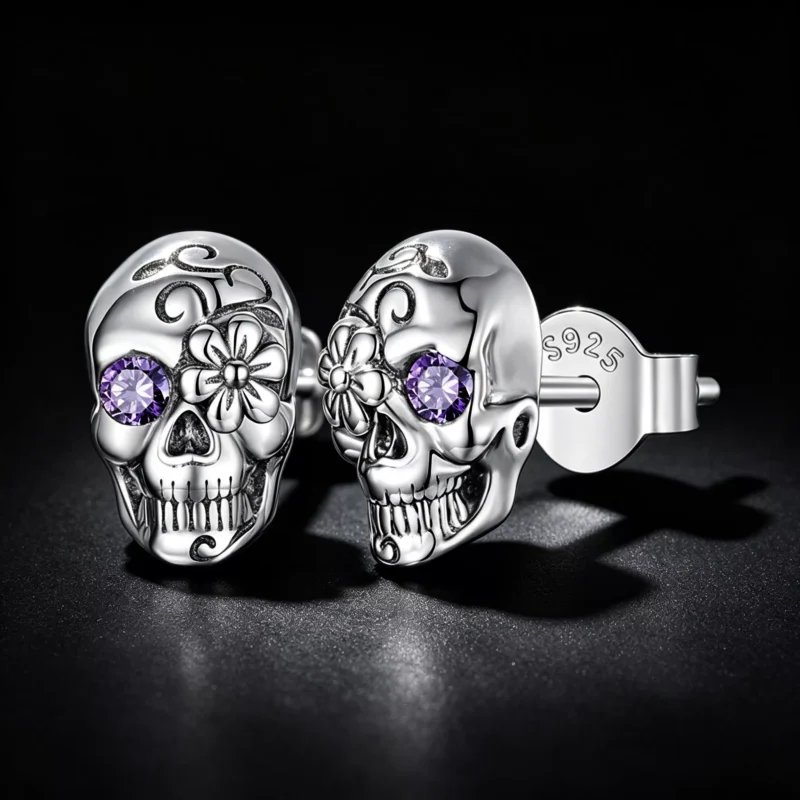 Floral Skull S925 Silver Stud Earrings