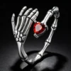 925 Silver Skeleton Hand Red Heart Open Ring