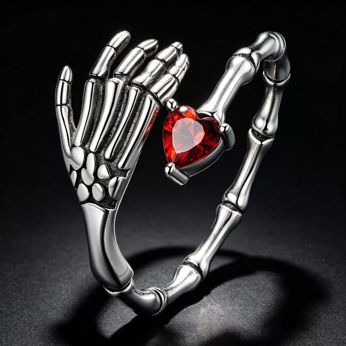 925 Silver Skeleton Hand Red Heart Open Ring 925 Silver Skeleton Hand Red Heart Open Ring