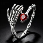 925 Silver Skeleton Hand Red Heart Open Ring