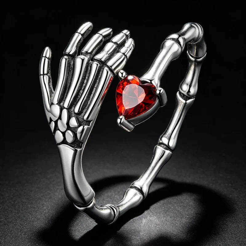 925 Silver Skeleton Hand Red Heart Open Ring